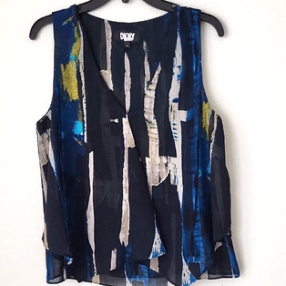DKNY Women's V Neck Chiffon Handkerchief Bottom Blue Black Tan Sleeveless Top